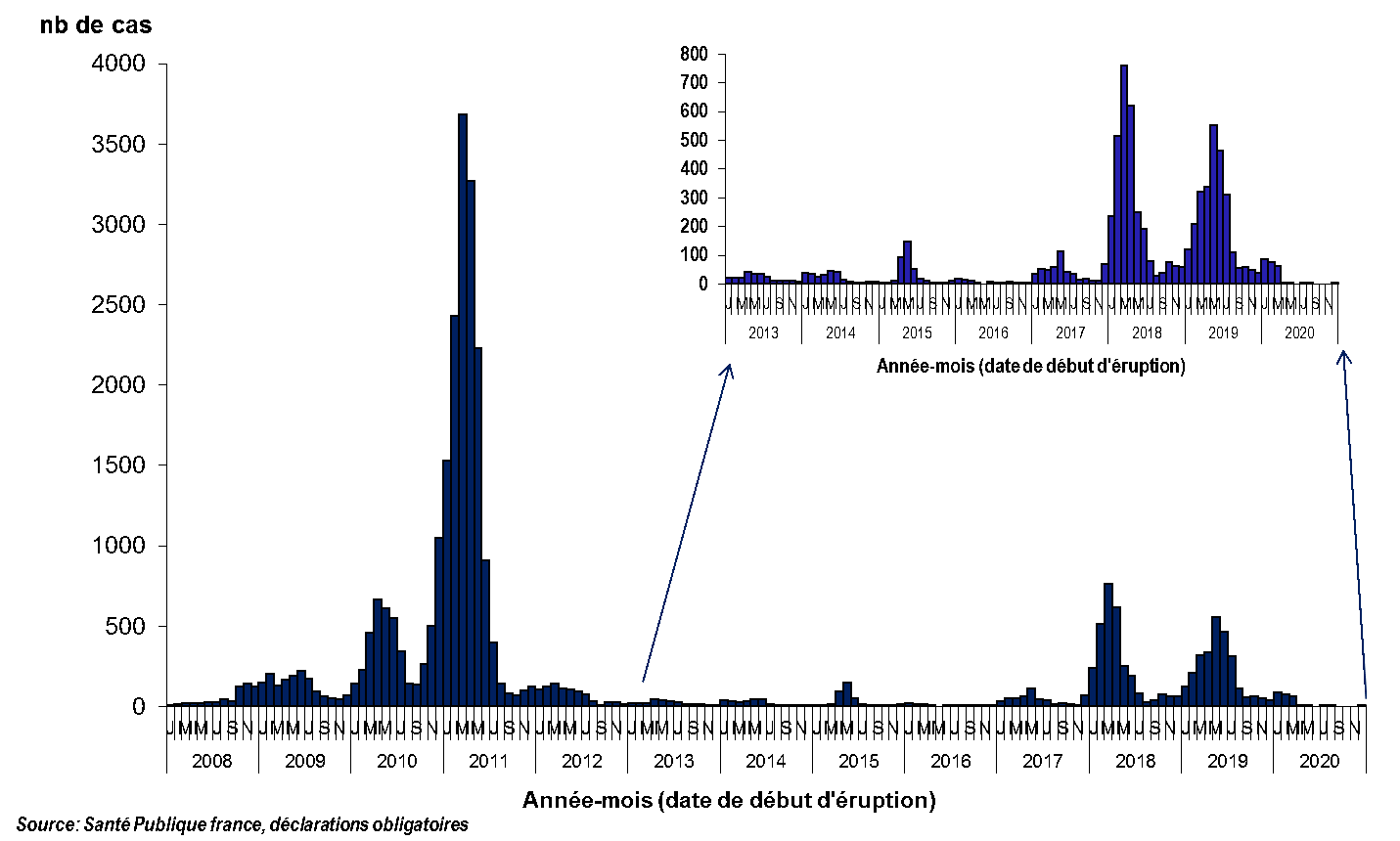 Distribution du nombre de cas de rougeole déclarés par mois, France entière, 1er janvier 2008 – 31 décembre 2020